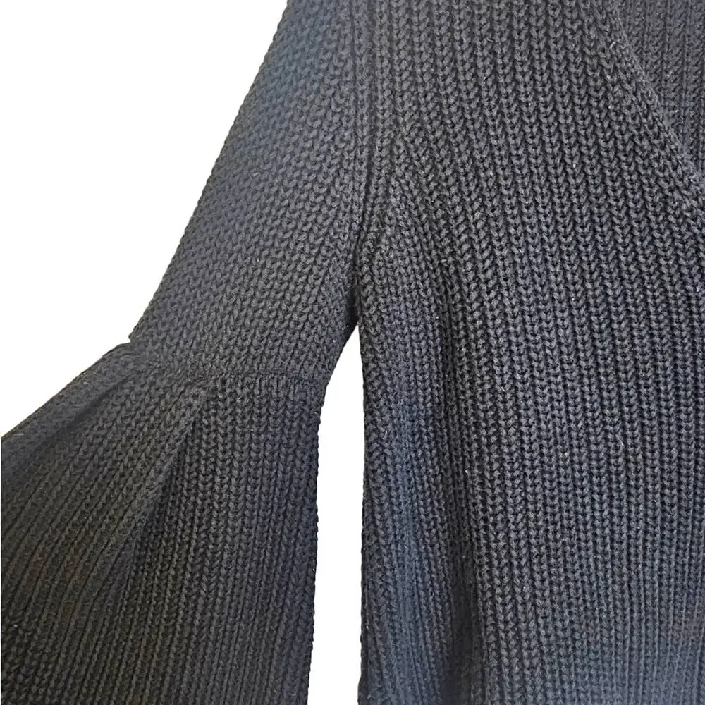 Free People Damsel Cable Knit Bell-Sleeve Black Cropped Boho Pullover Sweater